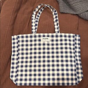 Sezane Blue Checkered Tote Bag